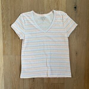 Loft White Rainbow Striped V Neck T-Shirt Womens Size Small Tee